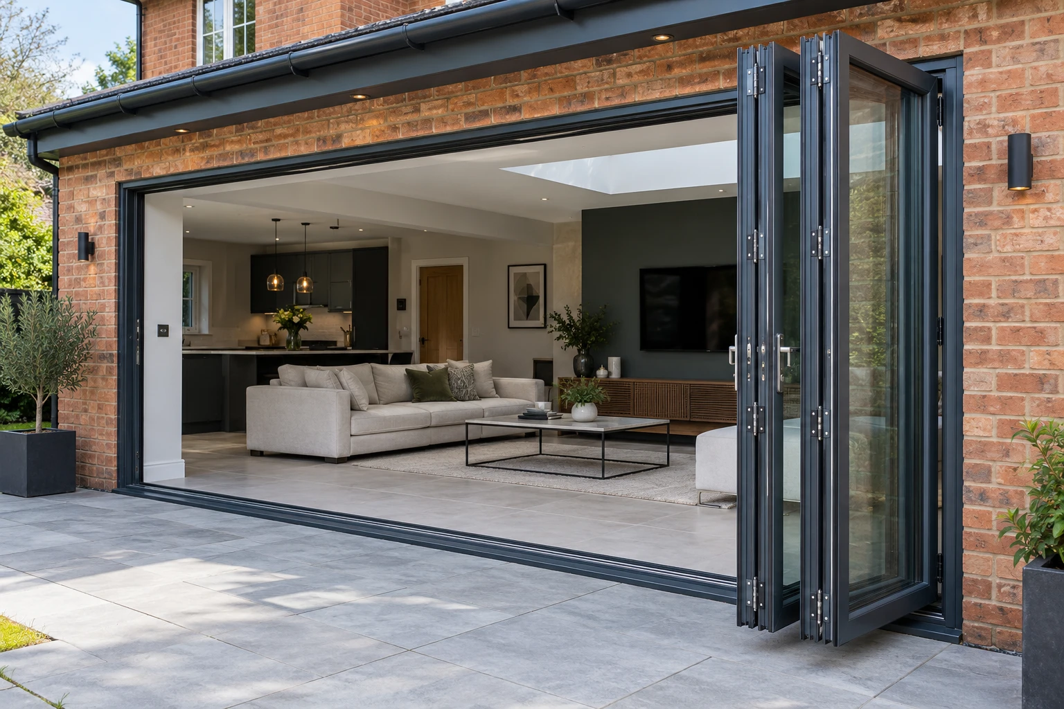 Anthracite bifold doors folded open onto a garden terrace