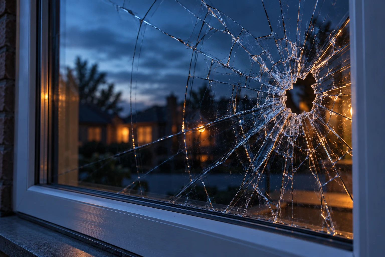 Close-up of a broken window with spiderweb cracks